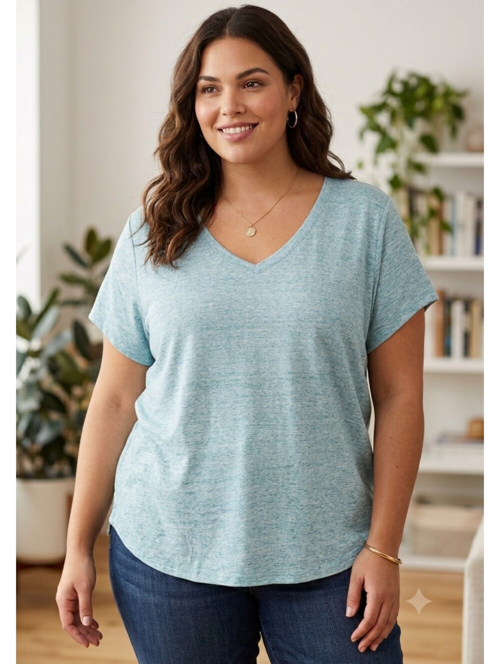 Falls Creek Plus Size Turquoise Heathered V-Neck Tee